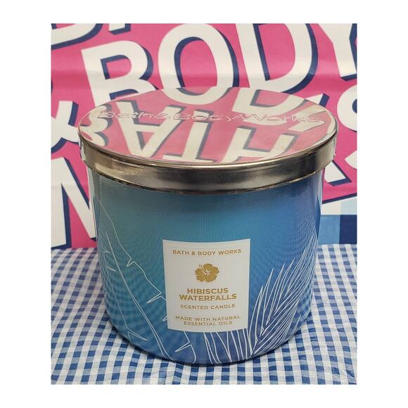 BBW Hibiscus Waterfalls Shiny Blue Glass Jar Large 3 Wick Candle Home Fragrance